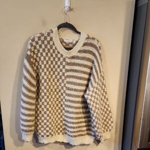 Altar'd State Cream and Brown Patterned V-Neck Sweater
